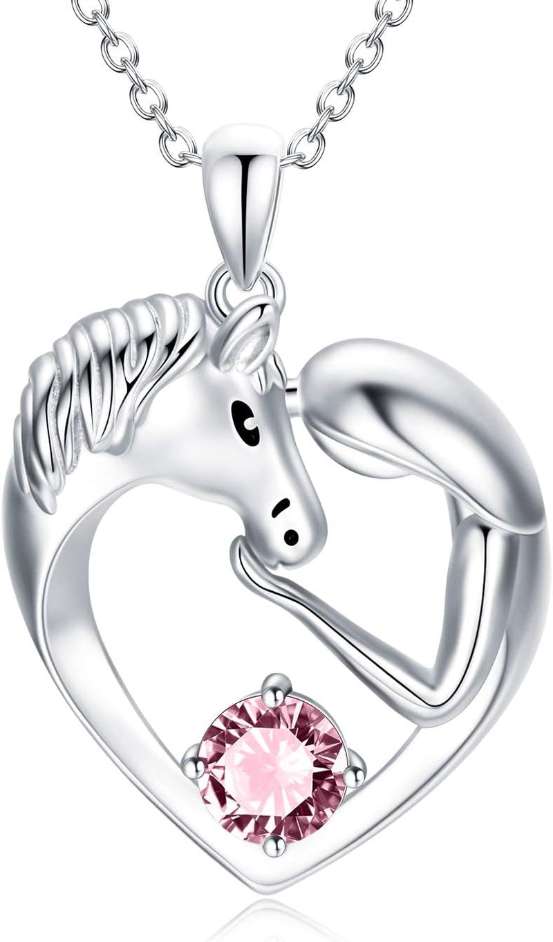 Horse Necklace Sterling Silver Love Heart Necklace with Birthstone Crystals, Horse Jewelry Gifts for Women Her