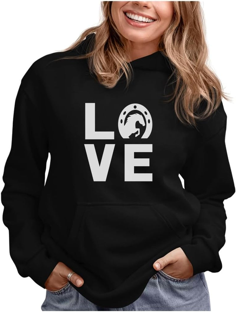 Horseshoe Print Love Hoodie for Women Teen Girls Equestrian Horseback Riding Horse Sweatshirt Hoodies