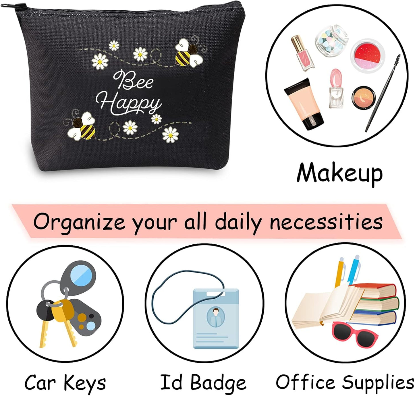 Honey Bee Makeup Bag with Zipper Bee Lover Gifts for Women Bee Cosmetic Bag (Bee Happy Black)