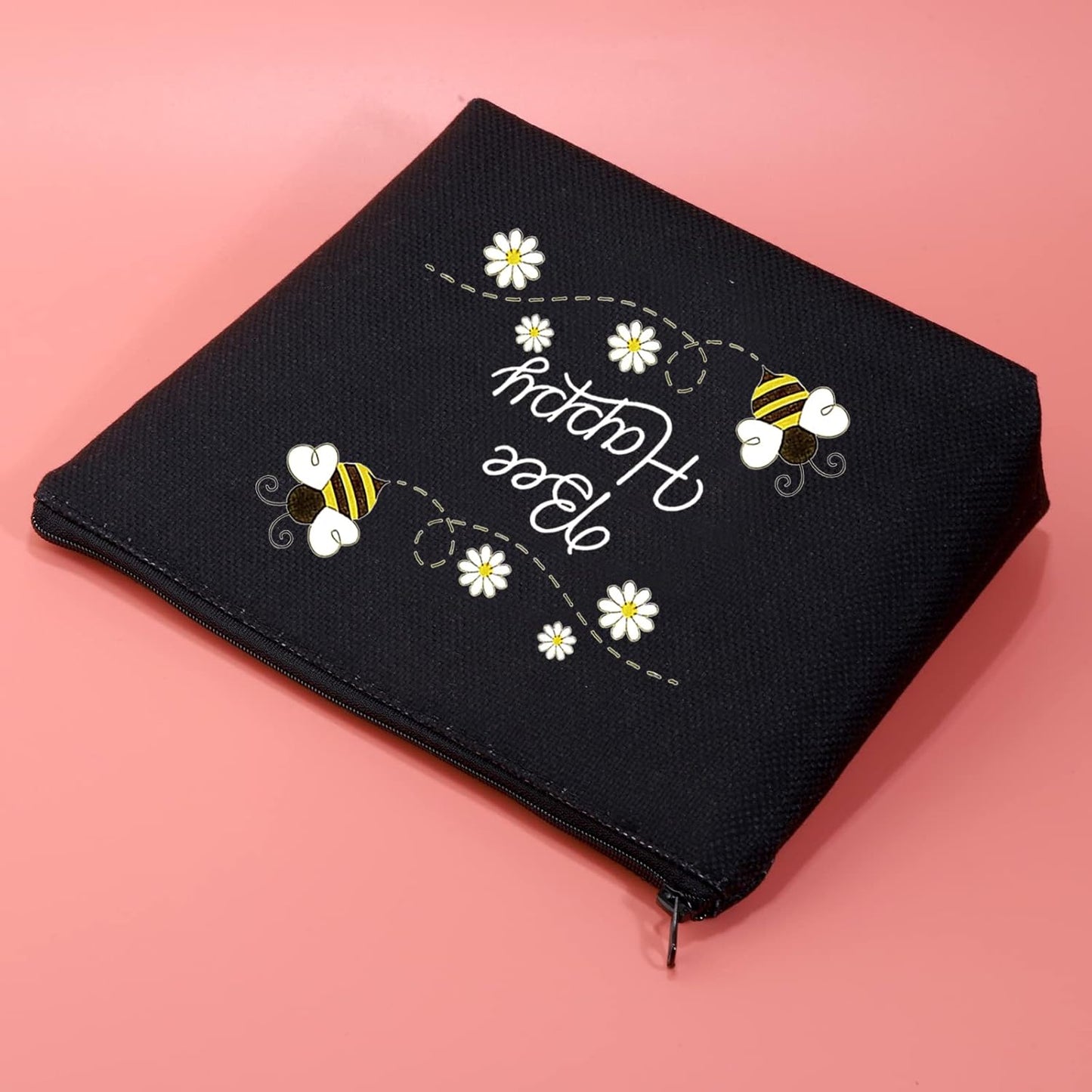 Honey Bee Makeup Bag with Zipper Bee Lover Gifts for Women Bee Cosmetic Bag (Bee Happy Black)