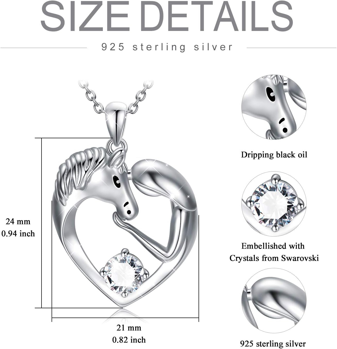 Horse Necklace Sterling Silver Love Heart Necklace with Birthstone Crystals, Horse Jewelry Gifts for Women Her