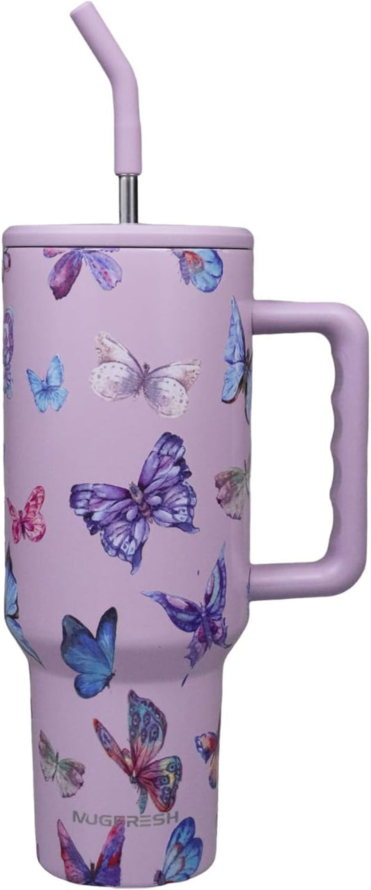 Butterfly Tumbler, Butterfly Gifts for Women 40 Oz Insulated Tumbler with Handle and Straw Cup Holder Friendly Travel Mug Stainless Steel Water Bottle