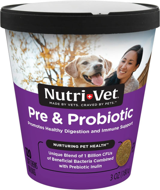 Pre & Probiotics for Dogs, Digestive Support, Upset Stomach, Puppy Probiotic, Pet Vitamins and Supplements, Dog Probiotics, Liver & Cheese Flavor, 120 Soft Chews