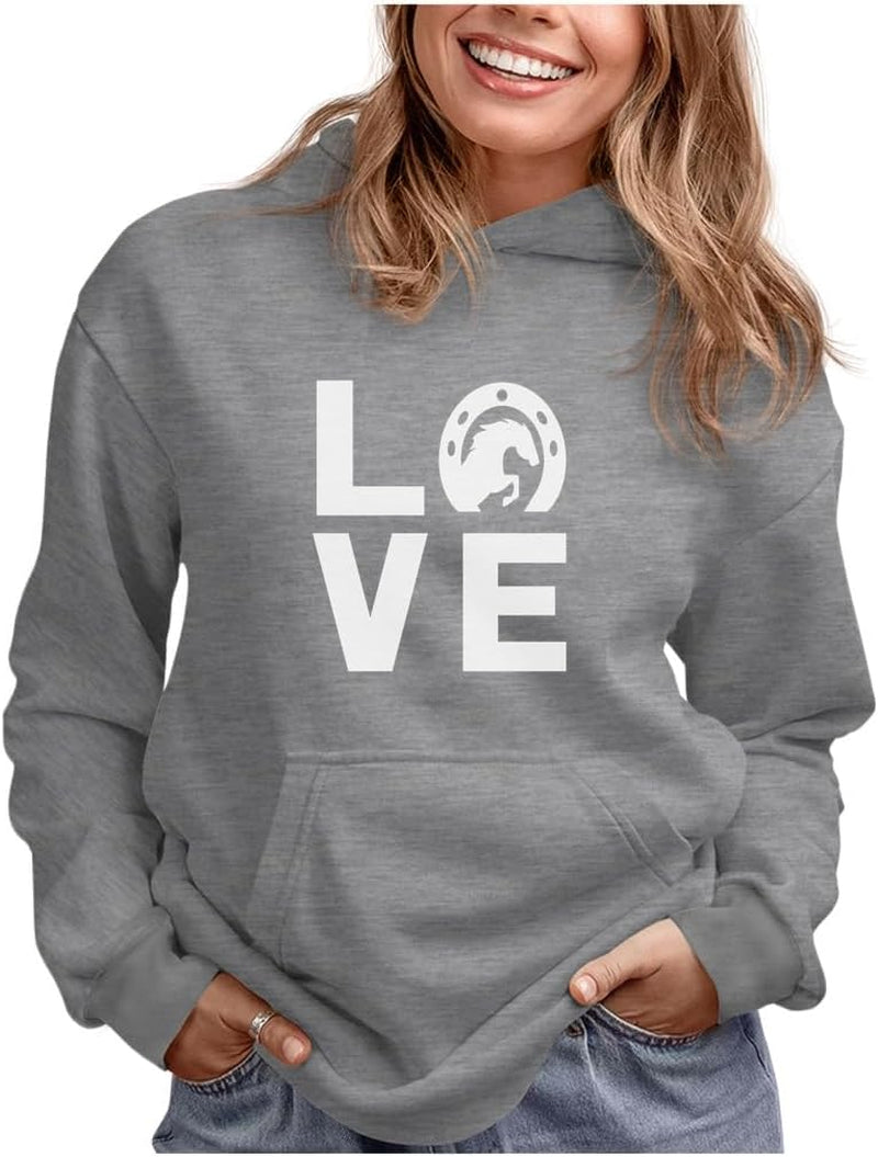Horseshoe Print Love Hoodie for Women Teen Girls Equestrian Horseback Riding Horse Sweatshirt Hoodies