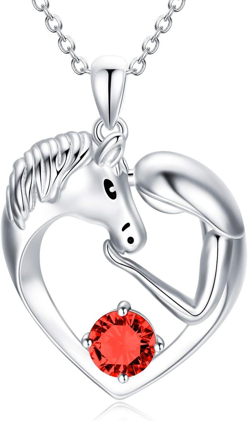 Horse Necklace Sterling Silver Love Heart Necklace with Birthstone Crystals, Horse Jewelry Gifts for Women Her