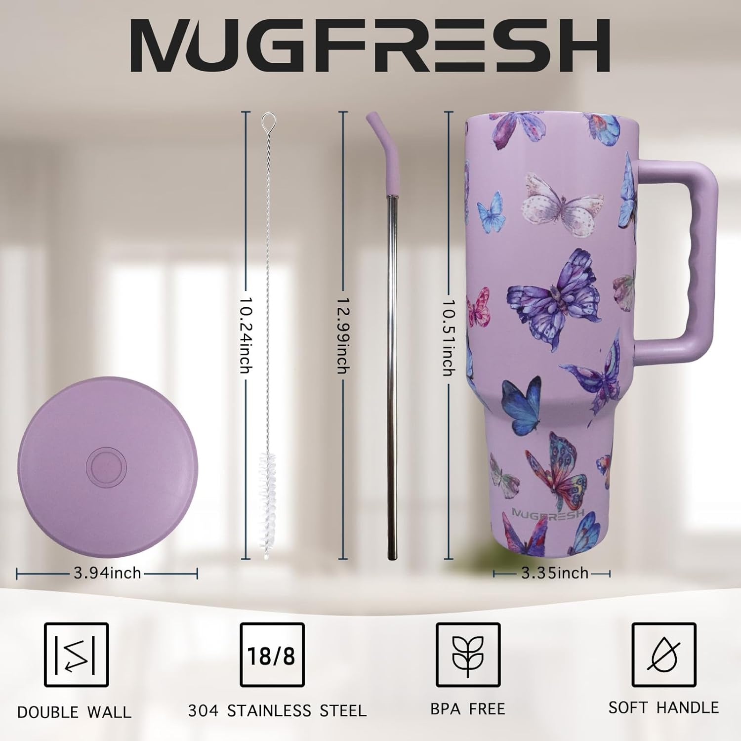 Butterfly Tumbler, Butterfly Gifts for Women 40 Oz Insulated Tumbler with Handle and Straw Cup Holder Friendly Travel Mug Stainless Steel Water Bottle