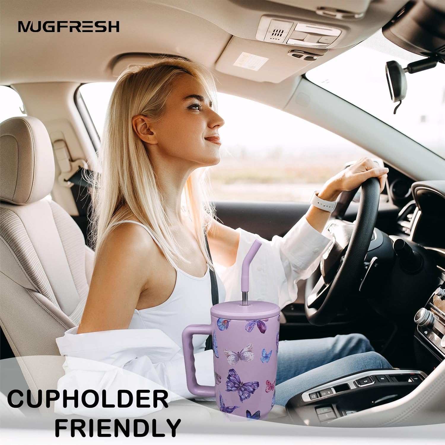 Butterfly Tumbler, Butterfly Gifts for Women 40 Oz Insulated Tumbler with Handle and Straw Cup Holder Friendly Travel Mug Stainless Steel Water Bottle