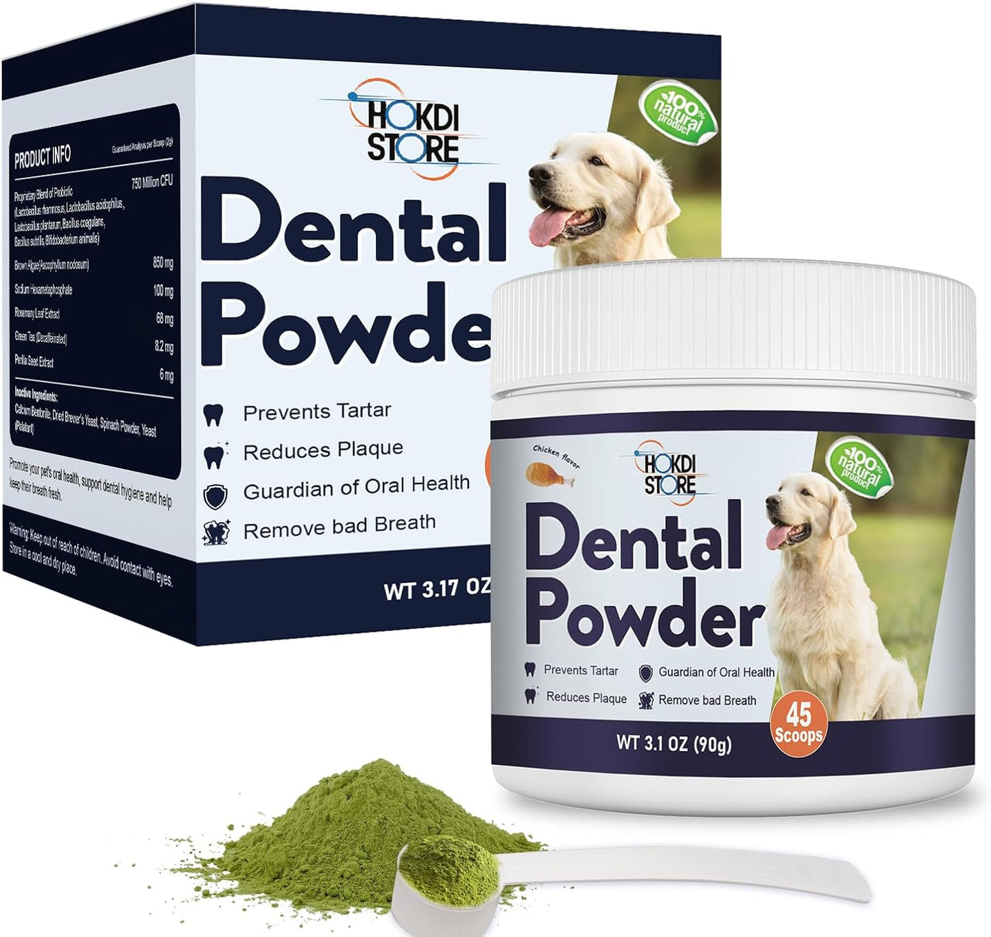Dog Breath Freshener – Plaque & Tartar Remover Powder with Probiotics & Herbs – Teeth Cleaning & Oral Care – Chicken or Bacon Flavor - 45 & 75 Scoops (3.1 Ounce (Pack of 1), Bacon)