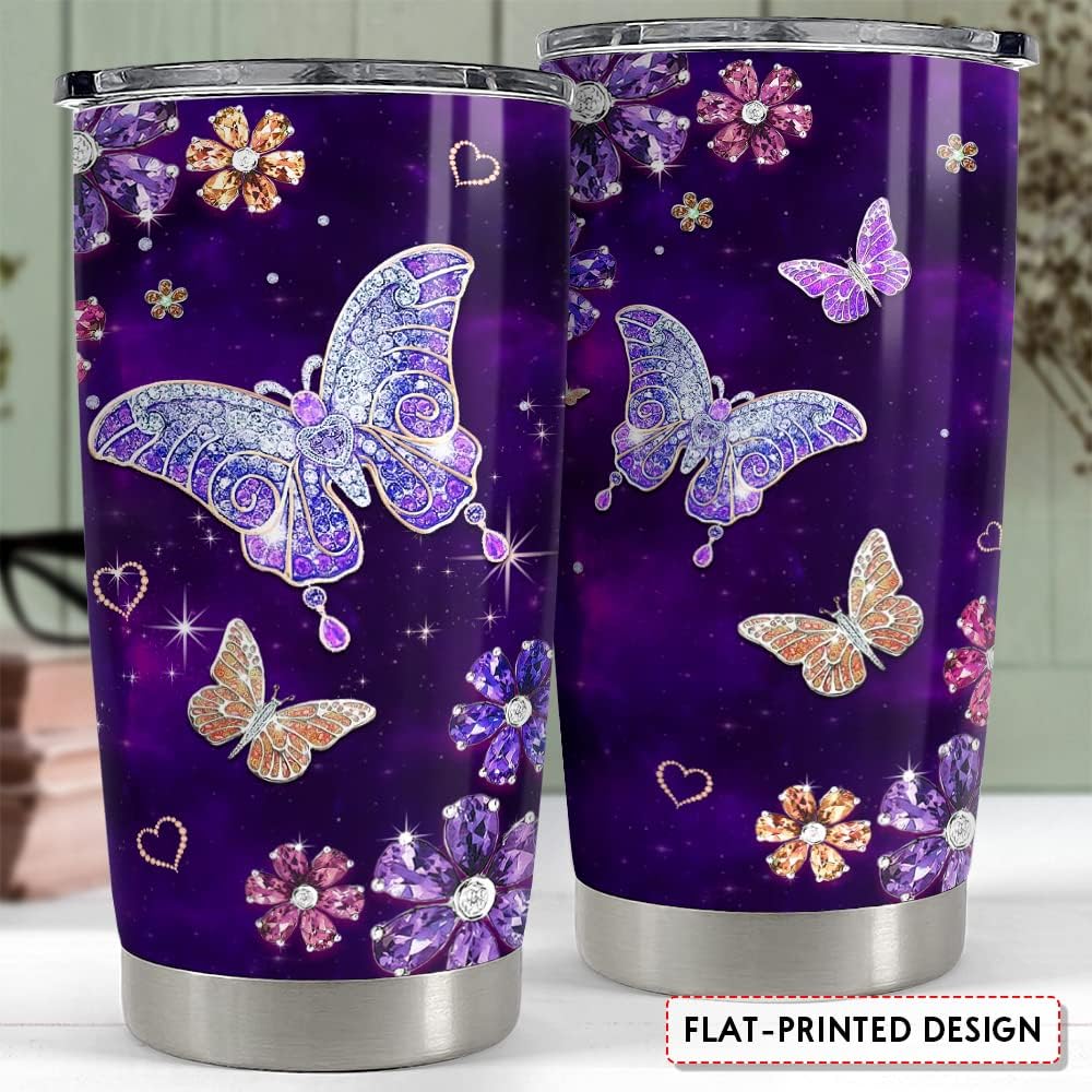 Purple Butterfly Tumbler Jewelry Style Butterfly Lover 20Oz Tumblers with Lid Gift for Women Girl Daughter Sister Mom Christmas Birthday Present