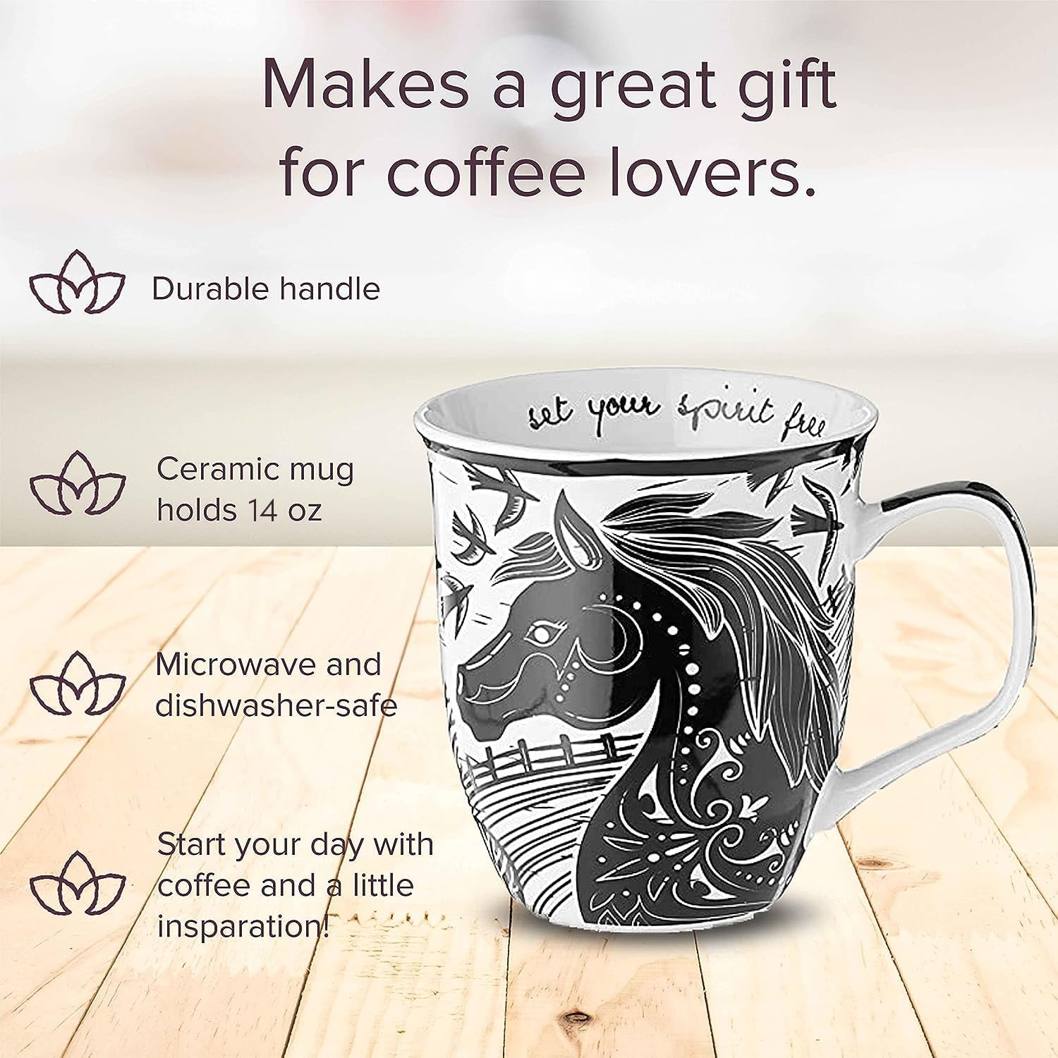 Gifts 16 Oz Black and White Boho Mug Horse - Cute Coffee and Tea Mug - Ceramic Coffee Mugs for Women and Men