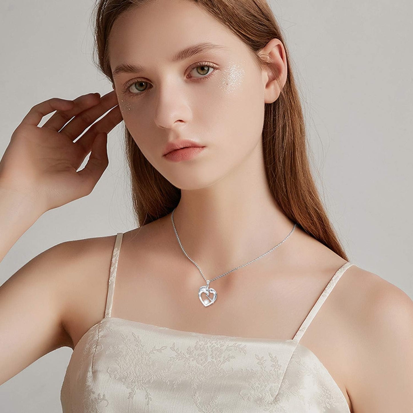 Horse Necklace Sterling Silver Love Heart Necklace with Birthstone Crystals, Horse Jewelry Gifts for Women Her