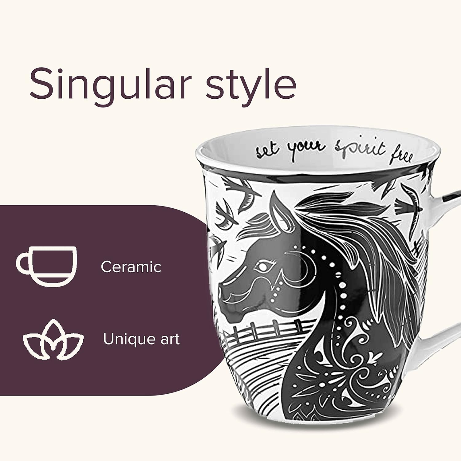Gifts 16 Oz Black and White Boho Mug Horse - Cute Coffee and Tea Mug - Ceramic Coffee Mugs for Women and Men