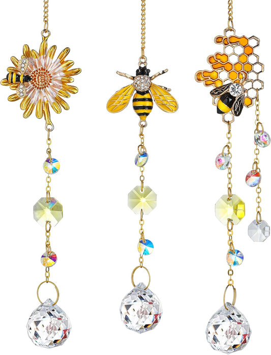 3 Pack Sun Catcher Crystal Honeycomb Bee Ornaments Crystals Bumble Bee Honeycomb with Glass Prisms Decor Garden Suncatcher Window Hanging Gifts for Women,Bee Lovers