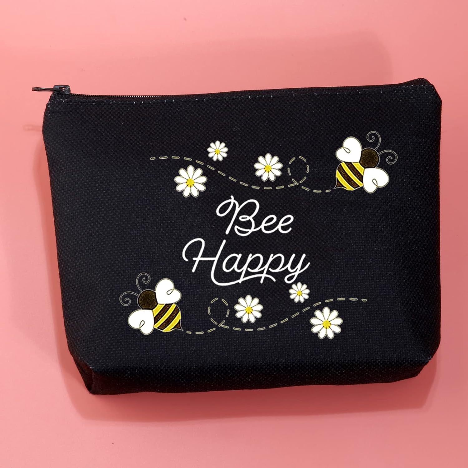 Honey Bee Makeup Bag with Zipper Bee Lover Gifts for Women Bee Cosmetic Bag (Bee Happy Black)