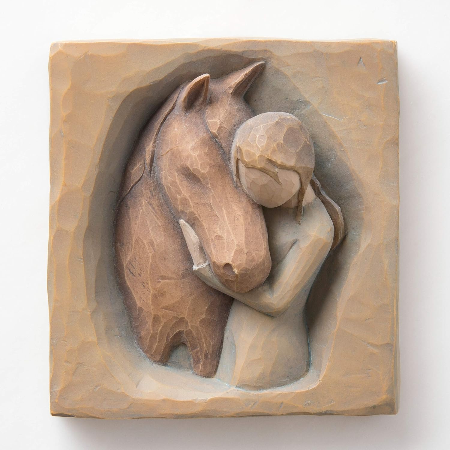 Quiet Strength, Always There for Me, Expression of Friendship and Love between Girls and Horses, Sculpted Hand-Painted Bas Relief Wall Plaque