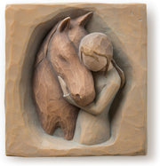 Quiet Strength, Always There for Me, Expression of Friendship and Love between Girls and Horses, Sculpted Hand-Painted Bas Relief Wall Plaque