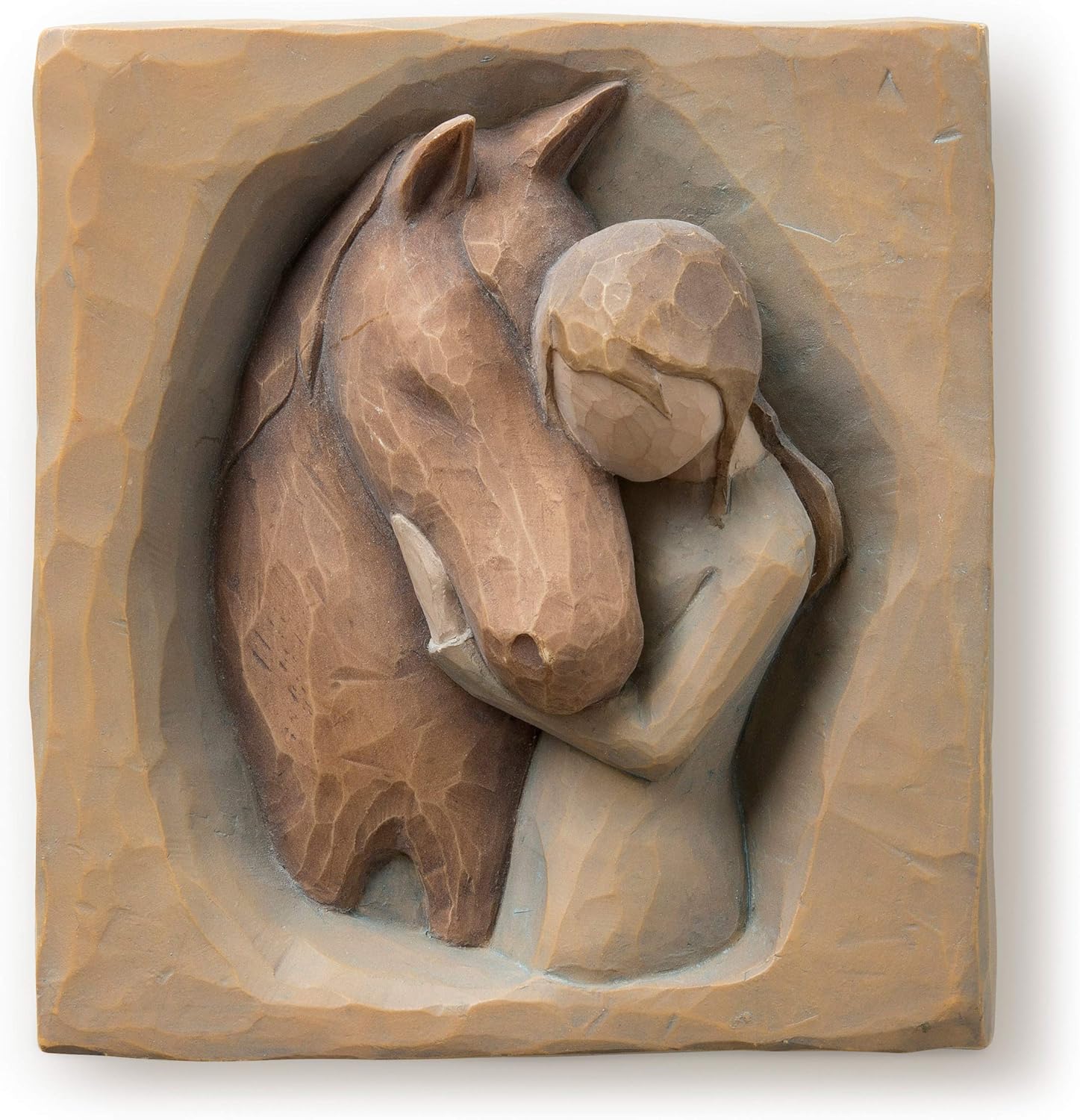 Quiet Strength, Always There for Me, Expression of Friendship and Love between Girls and Horses, Sculpted Hand-Painted Bas Relief Wall Plaque