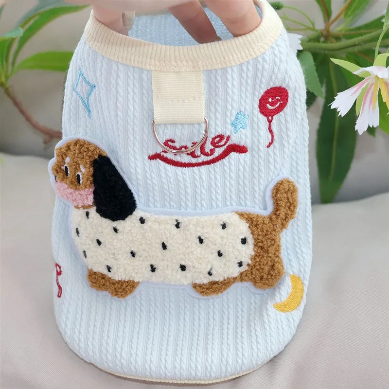 Pink Dachshund Vest Summer Animal Embroidered Dog Clothes Cute Teddy Pullover Bichon Frise T-Shirt with Leash Buckle