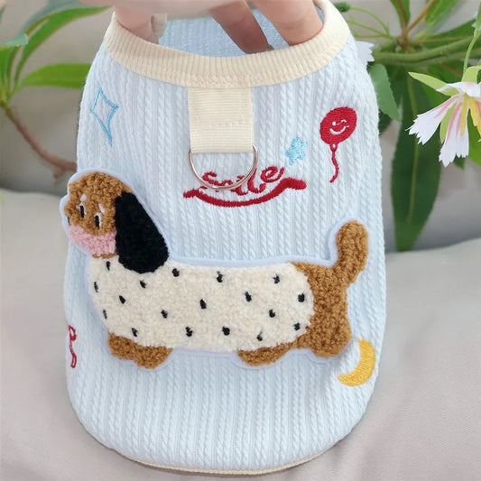 Pink Dachshund Vest Summer Animal Embroidered Dog Clothes Cute Teddy Pullover Bichon Frise T-Shirt with Leash Buckle
