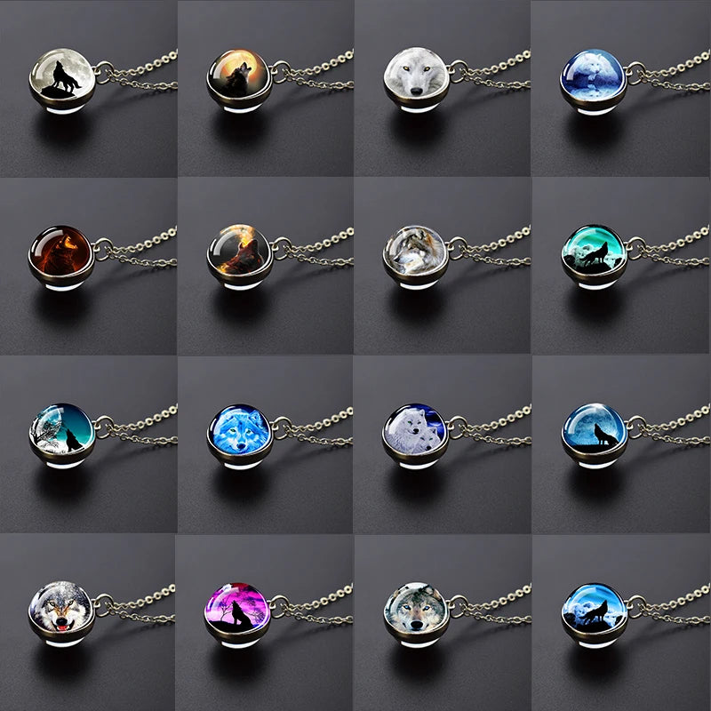 Men Fashion Wolf Necklace Wolf Head Glass Ball Pendant with Silver Color Chain Necklace Fantasy Jewelry