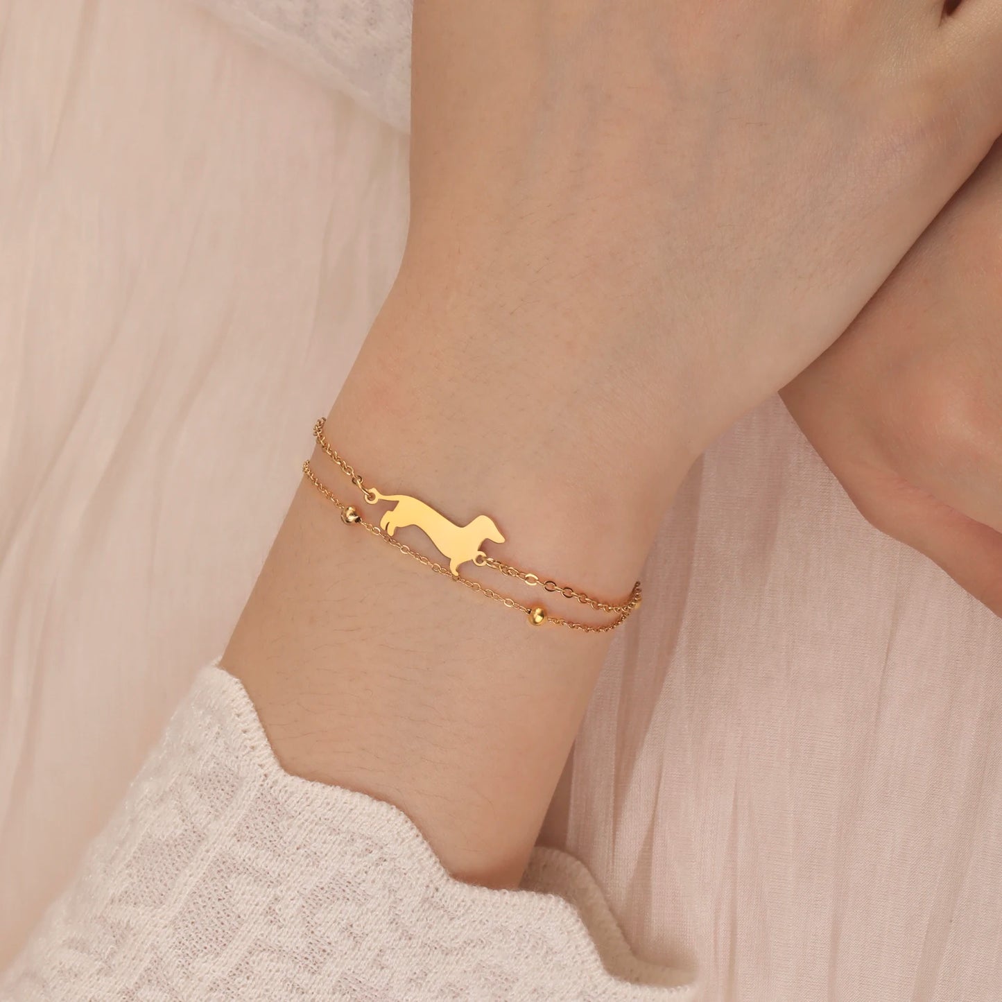 Dachshunds Sausage Dog Bracelets for Women Stainless Steel Double Layers Beads Chain Bracelets Jewelry Birthday Gift