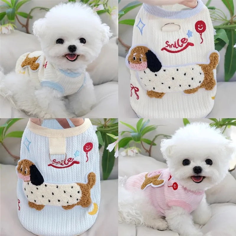 Pink Dachshund Vest Summer Animal Embroidered Dog Clothes Cute Teddy Pullover Bichon Frise T-Shirt with Leash Buckle