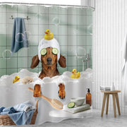 Funny Dog Shower Curtain Vintage Hilarious Dachshund Bath Soap Cute Animal Puppy Pets Bubbles Duck with Hooks Fabric Waterproof