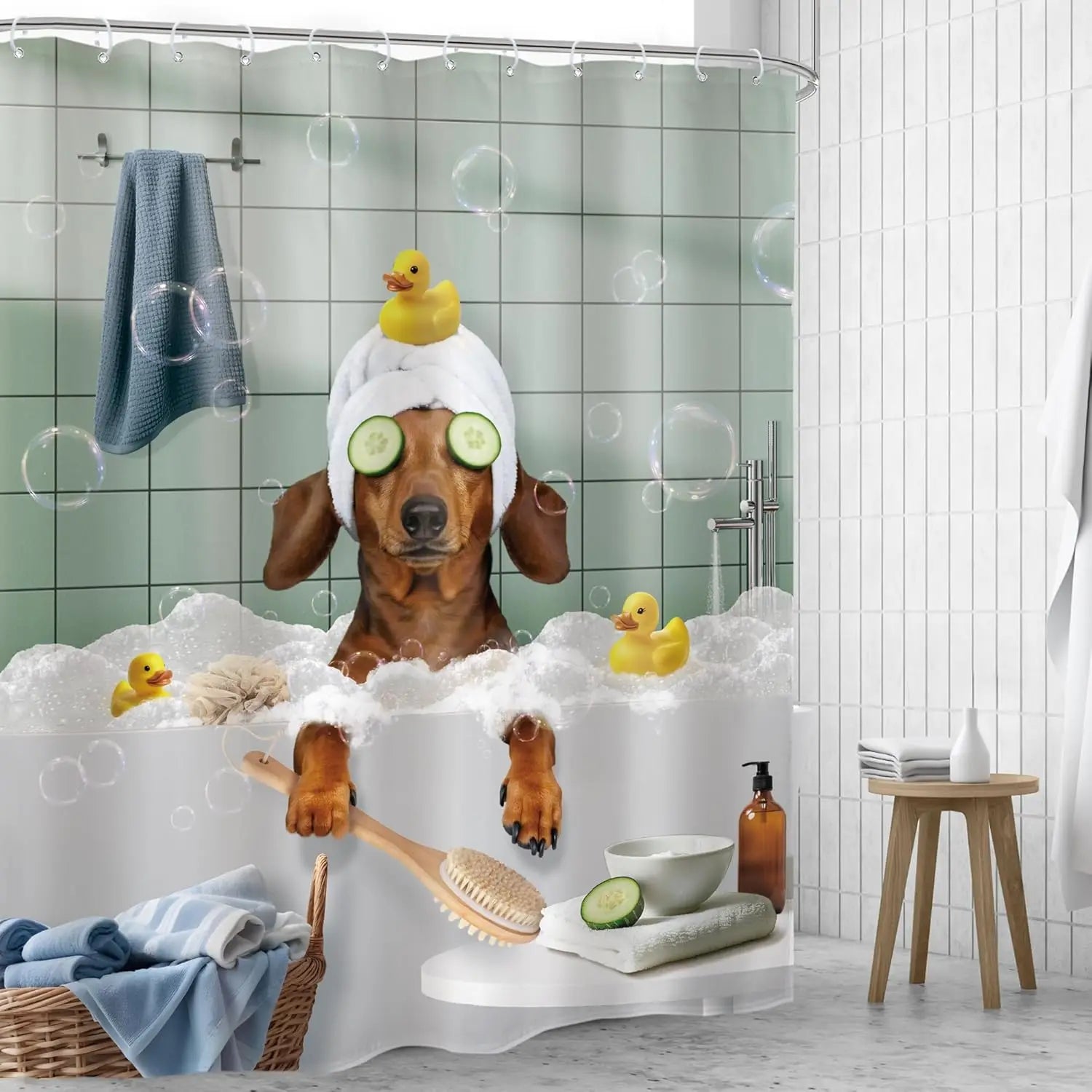 Funny Dog Shower Curtain Vintage Hilarious Dachshund Bath Soap Cute Animal Puppy Pets Bubbles Duck with Hooks Fabric Waterproof