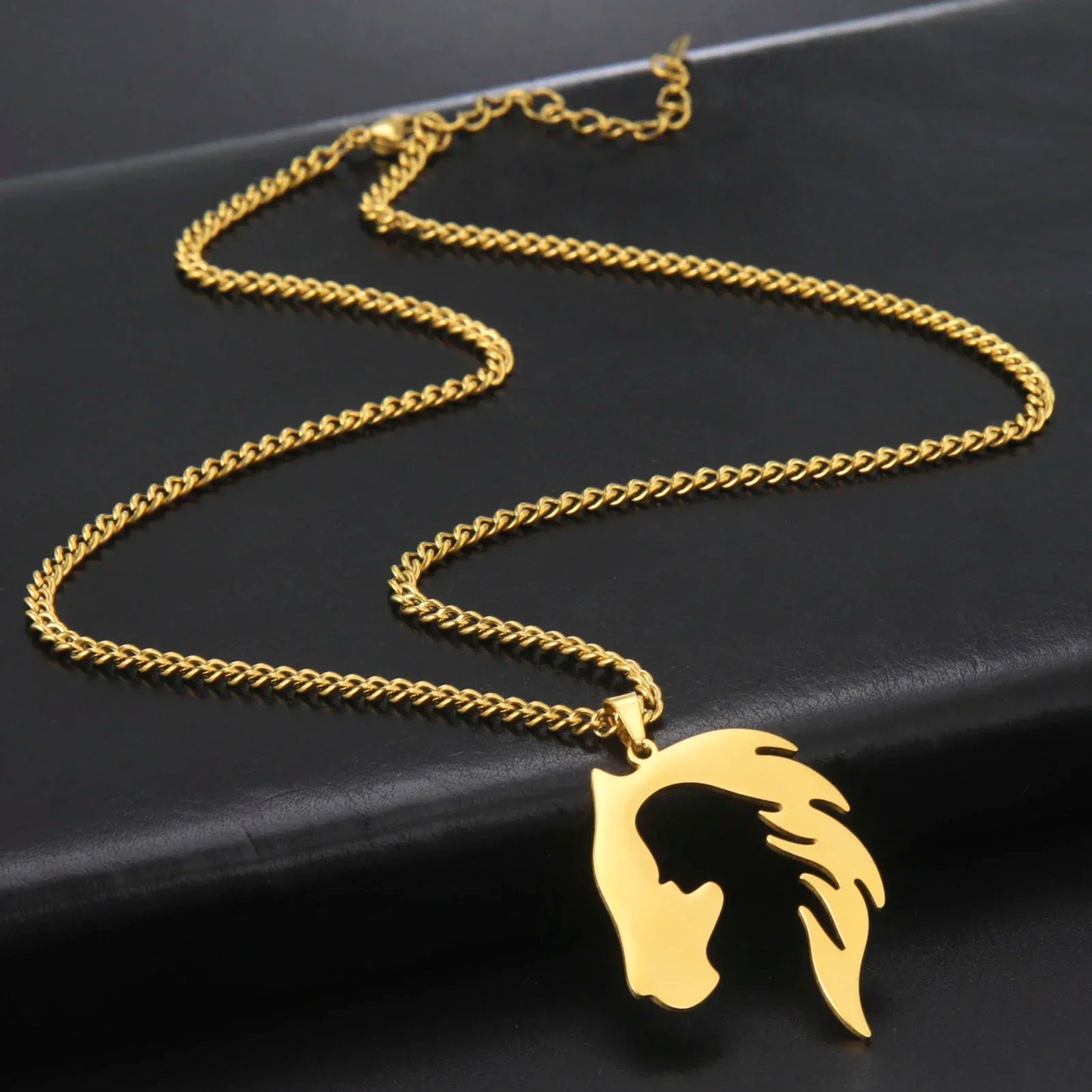 Horse Head Silhouette Girl Pendant Necklace Hollow Stainless Steel Choker for Women Fashion Jewelry Gift