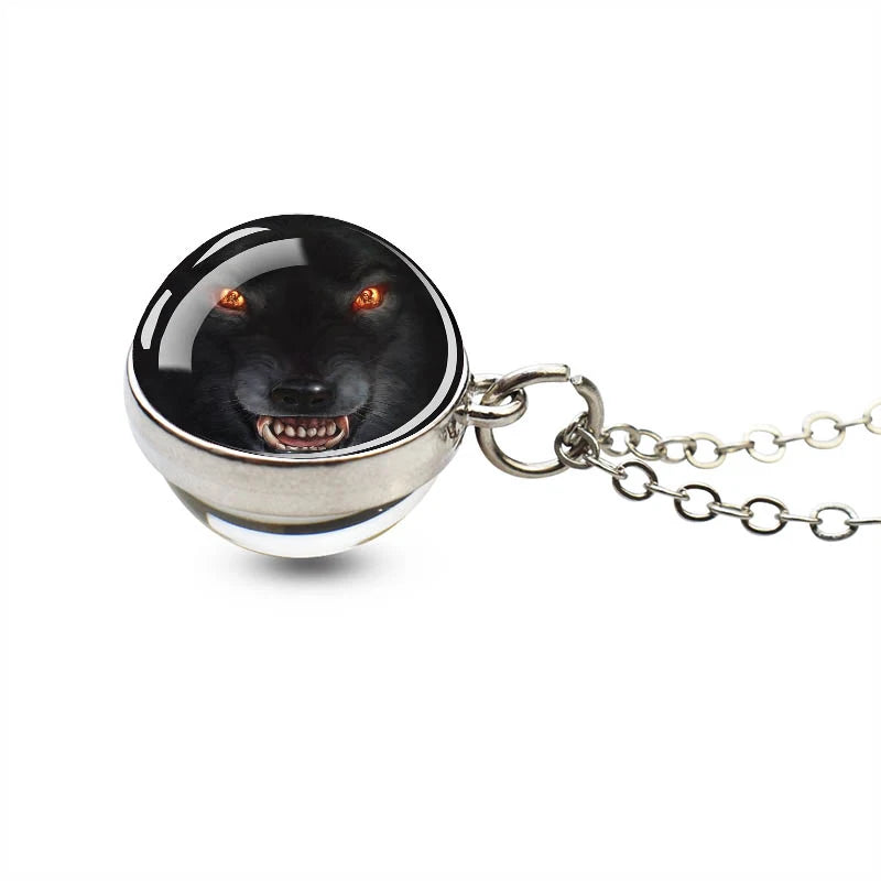 Men Fashion Wolf Necklace Wolf Head Glass Ball Pendant with Silver Color Chain Necklace Fantasy Jewelry