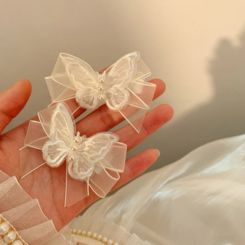 White Transparent Lace Butterflies Hair Clips for Women Cute Pearls Butterfly Hairpins Kids Bow Barrettes Girls Hair Accessories
