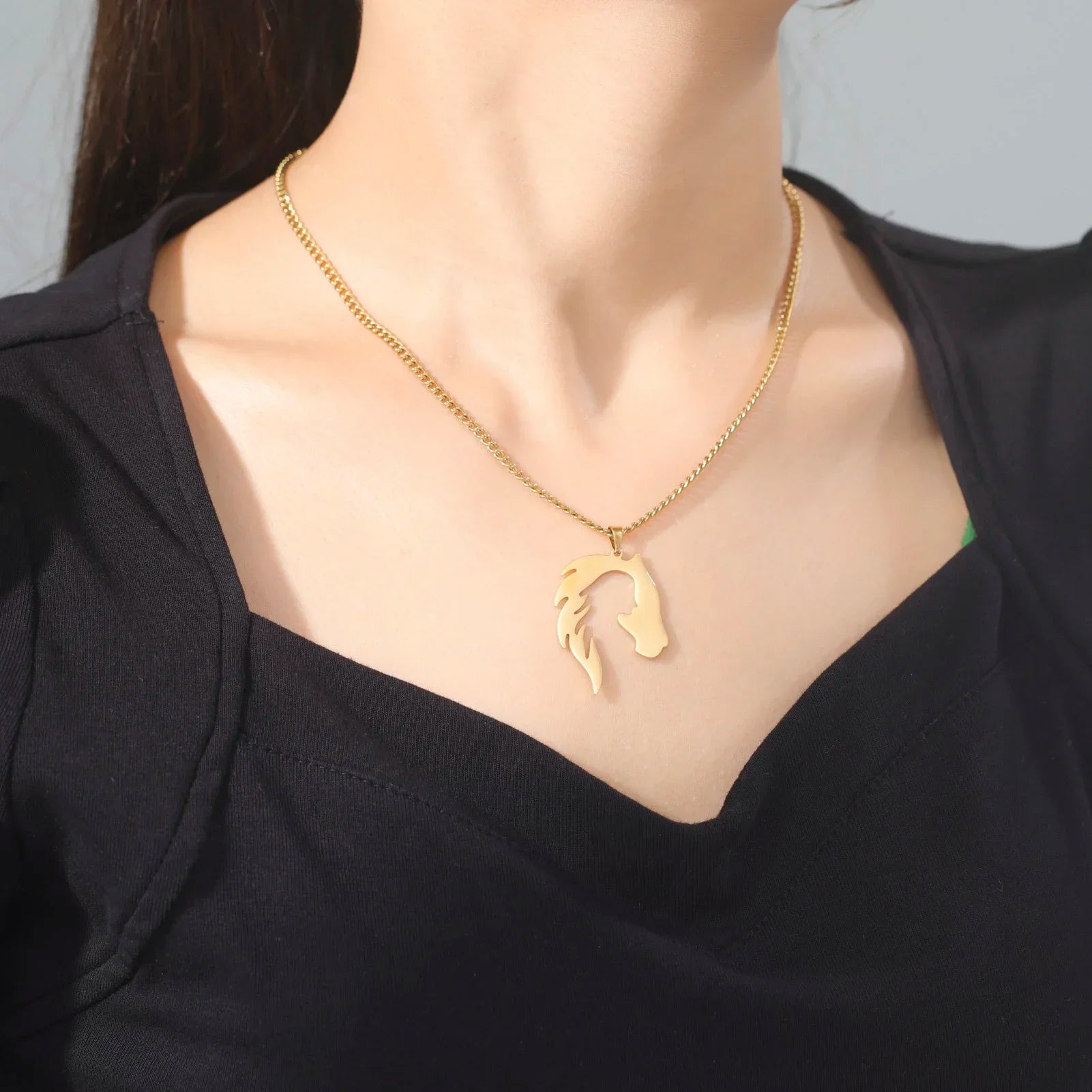 Horse Head Silhouette Girl Pendant Necklace Hollow Stainless Steel Choker for Women Fashion Jewelry Gift