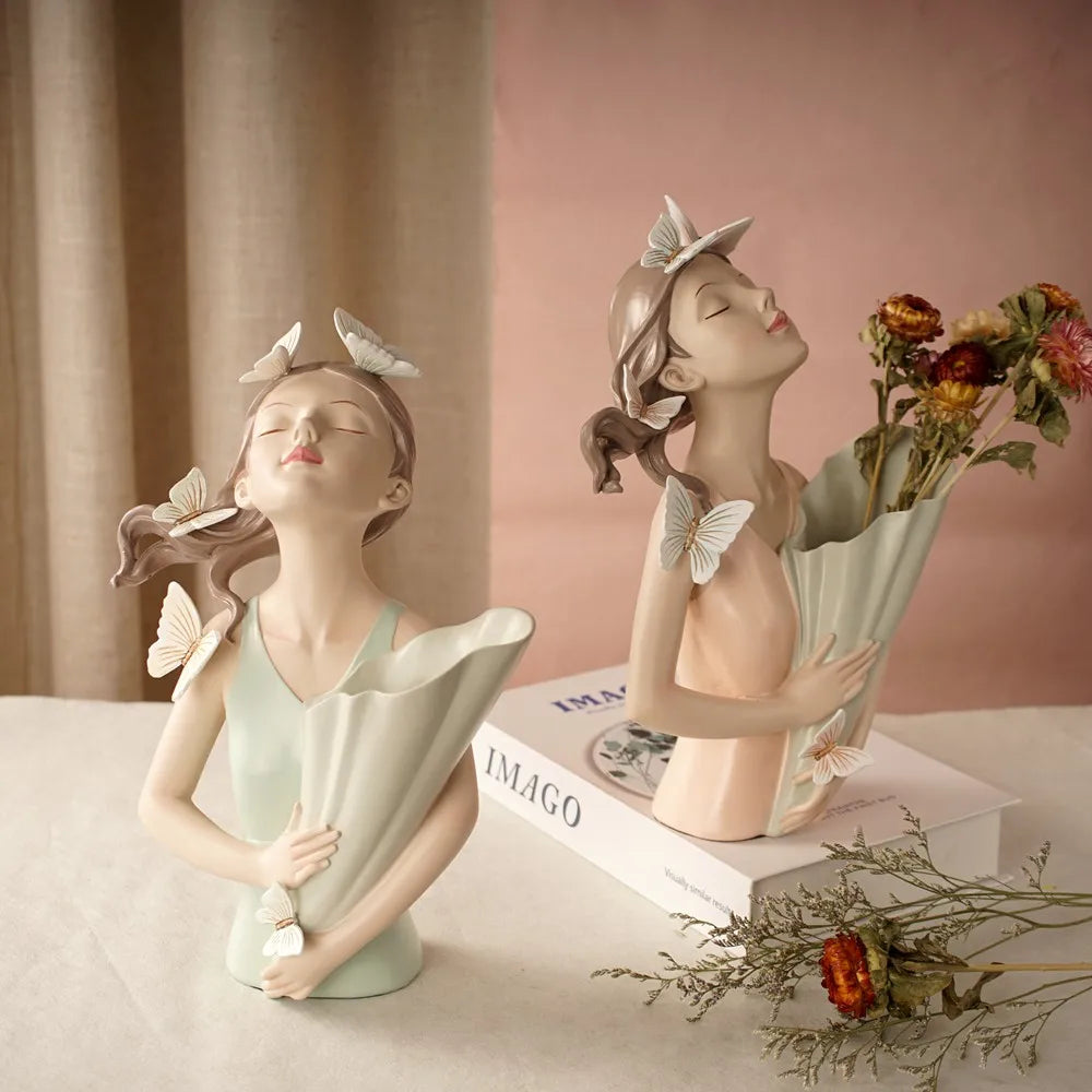 30Cm Butterfly and Girl Vase Statue Handmade Modern Art Figurines Home Decoration Living Pink Room Interior Bedroom Decor Resin