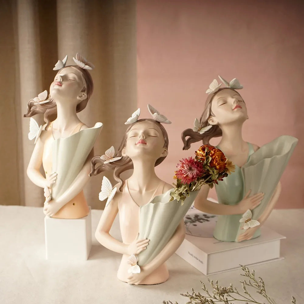 30Cm Butterfly and Girl Vase Statue Handmade Modern Art Figurines Home Decoration Living Pink Room Interior Bedroom Decor Resin