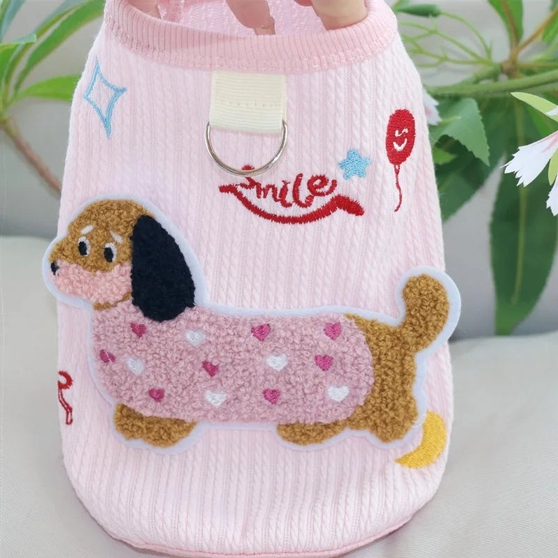 Pink Dachshund Vest Summer Animal Embroidered Dog Clothes Cute Teddy Pullover Bichon Frise T-Shirt with Leash Buckle
