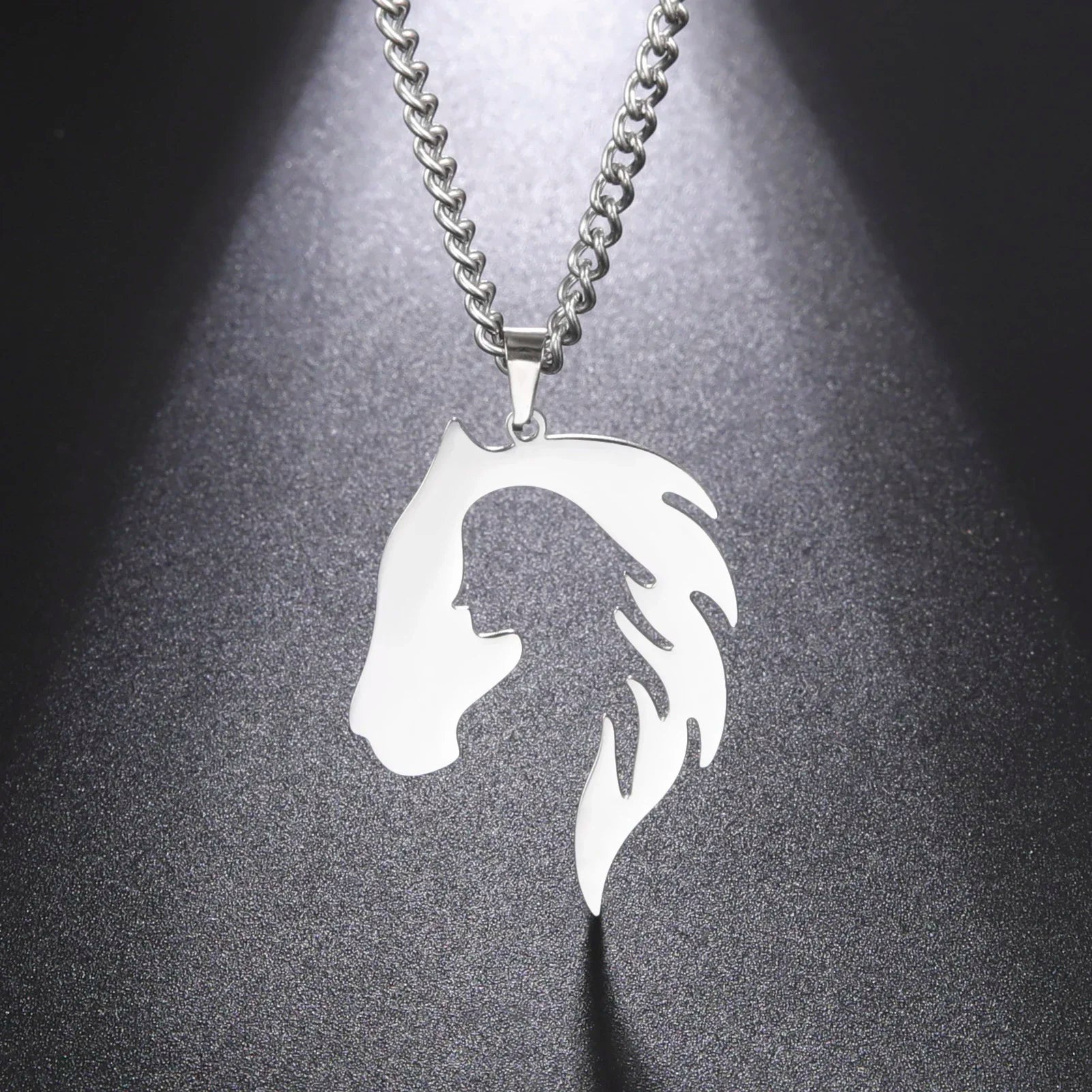 Horse Head Silhouette Girl Pendant Necklace Hollow Stainless Steel Choker for Women Fashion Jewelry Gift