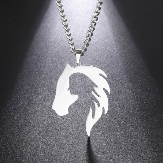Horse Head Silhouette Girl Pendant Necklace Hollow Stainless Steel Choker for Women Fashion Jewelry Gift