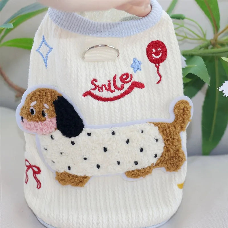 Pink Dachshund Vest Summer Animal Embroidered Dog Clothes Cute Teddy Pullover Bichon Frise T-Shirt with Leash Buckle