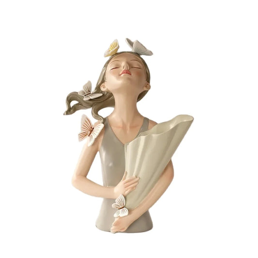 30Cm Butterfly and Girl Vase Statue Handmade Modern Art Figurines Home Decoration Living Pink Room Interior Bedroom Decor Resin