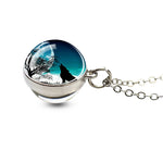 Men Fashion Wolf Necklace Wolf Head Glass Ball Pendant with Silver Color Chain Necklace Fantasy Jewelry