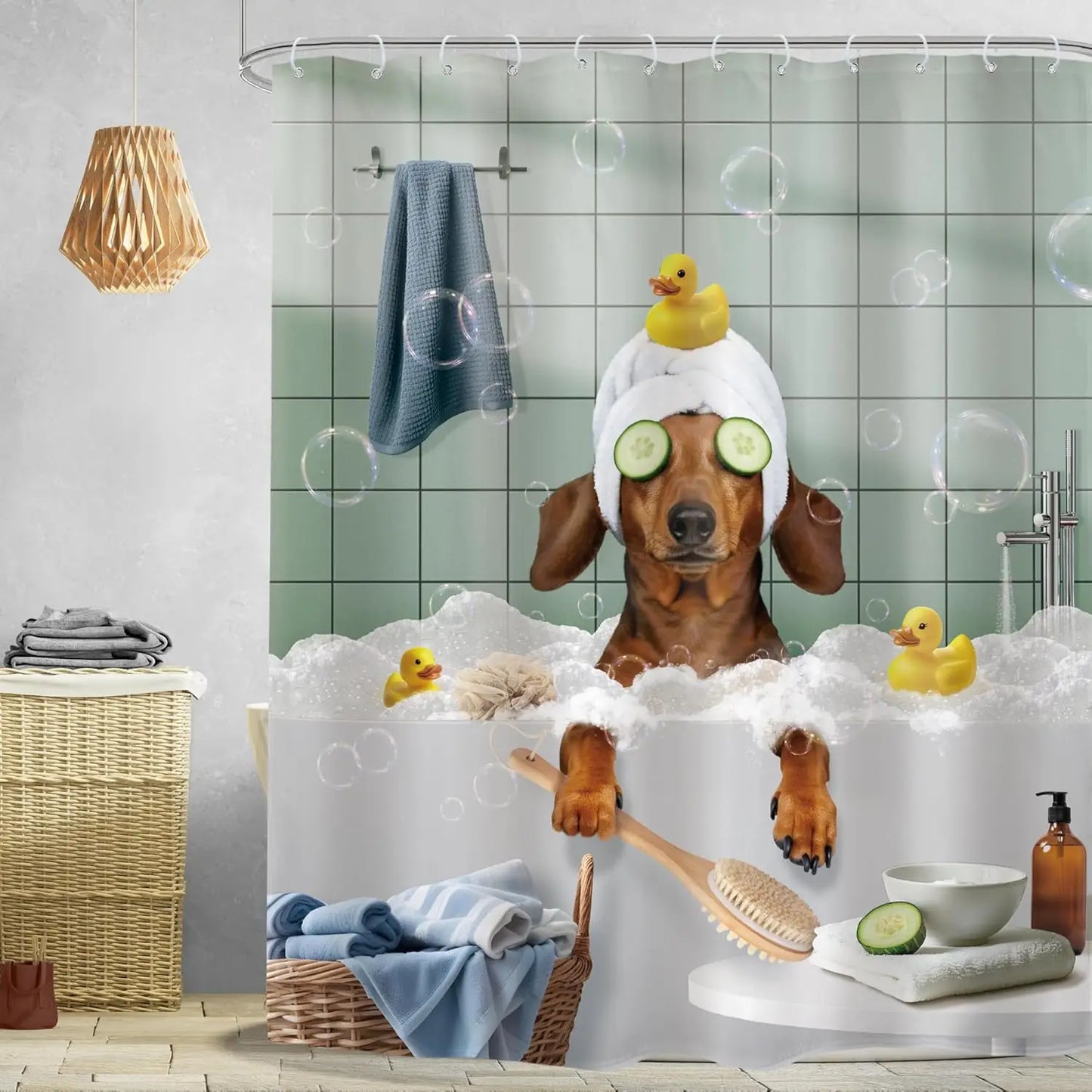 Funny Dog Shower Curtain Vintage Hilarious Dachshund Bath Soap Cute Animal Puppy Pets Bubbles Duck with Hooks Fabric Waterproof