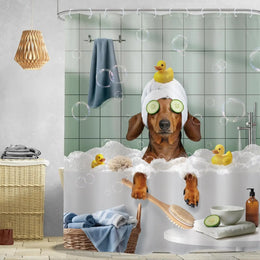 Funny Dog Shower Curtain Vintage Hilarious Dachshund Bath Soap Cute Animal Puppy Pets Bubbles Duck with Hooks Fabric Waterproof