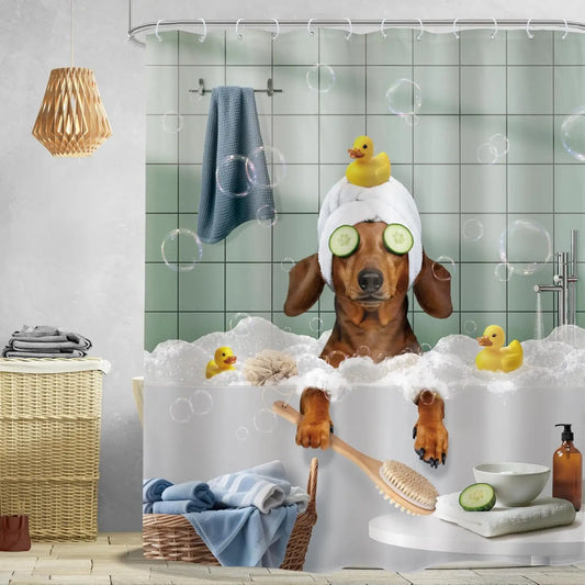 Funny Dog Shower Curtain Vintage Hilarious Dachshund Bath Soap Cute Animal Puppy Pets Bubbles Duck with Hooks Fabric Waterproof