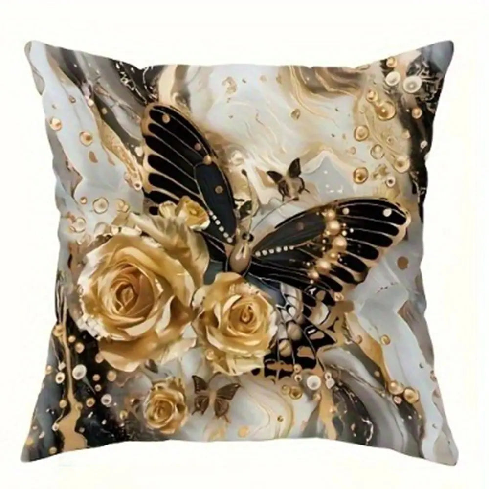 Black and Gold Rose Butterfly Luxury Pillowcasebedroom Living Room Sofa Home Decor Polyester Cushion Cover with Zipper