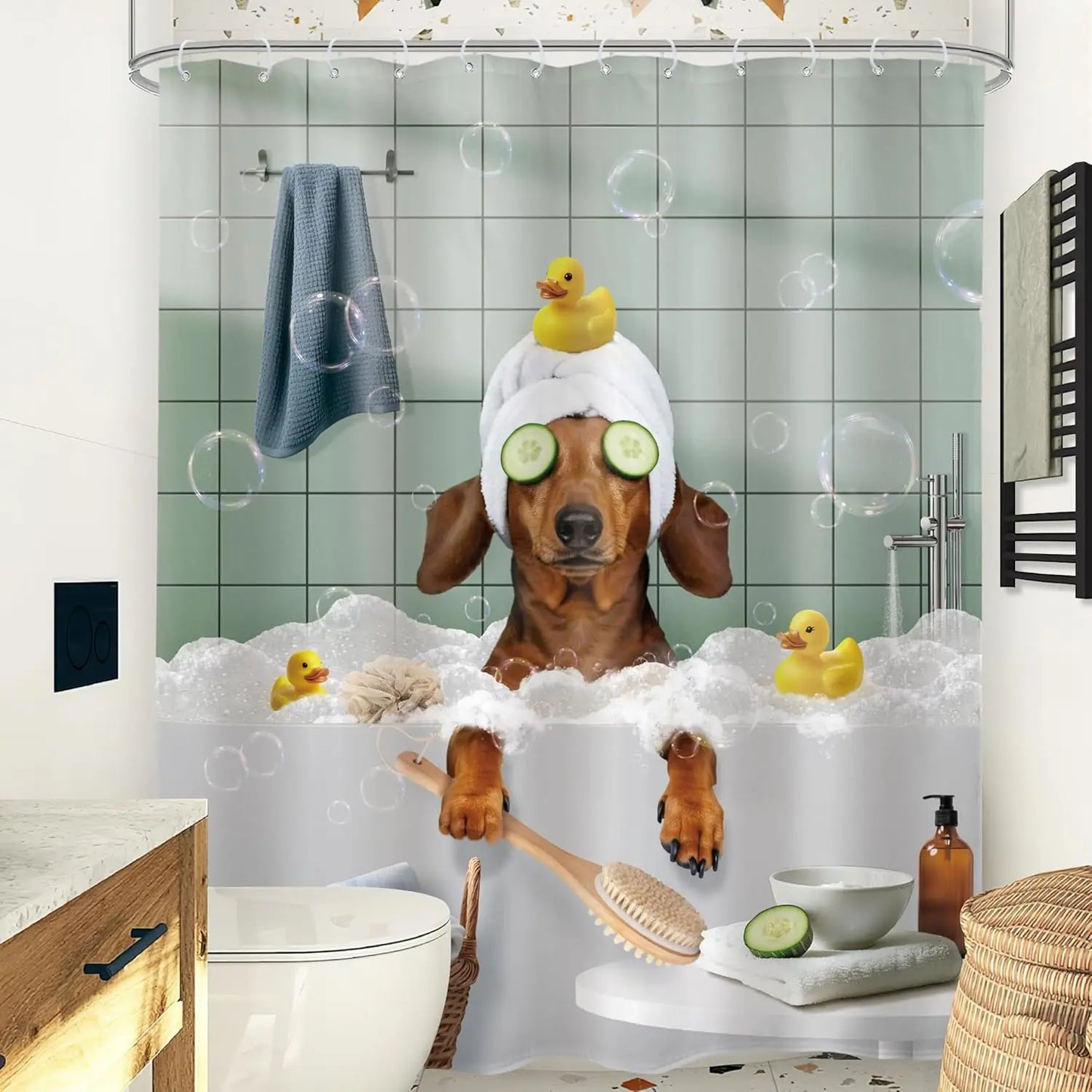 Funny Dog Shower Curtain Vintage Hilarious Dachshund Bath Soap Cute Animal Puppy Pets Bubbles Duck with Hooks Fabric Waterproof