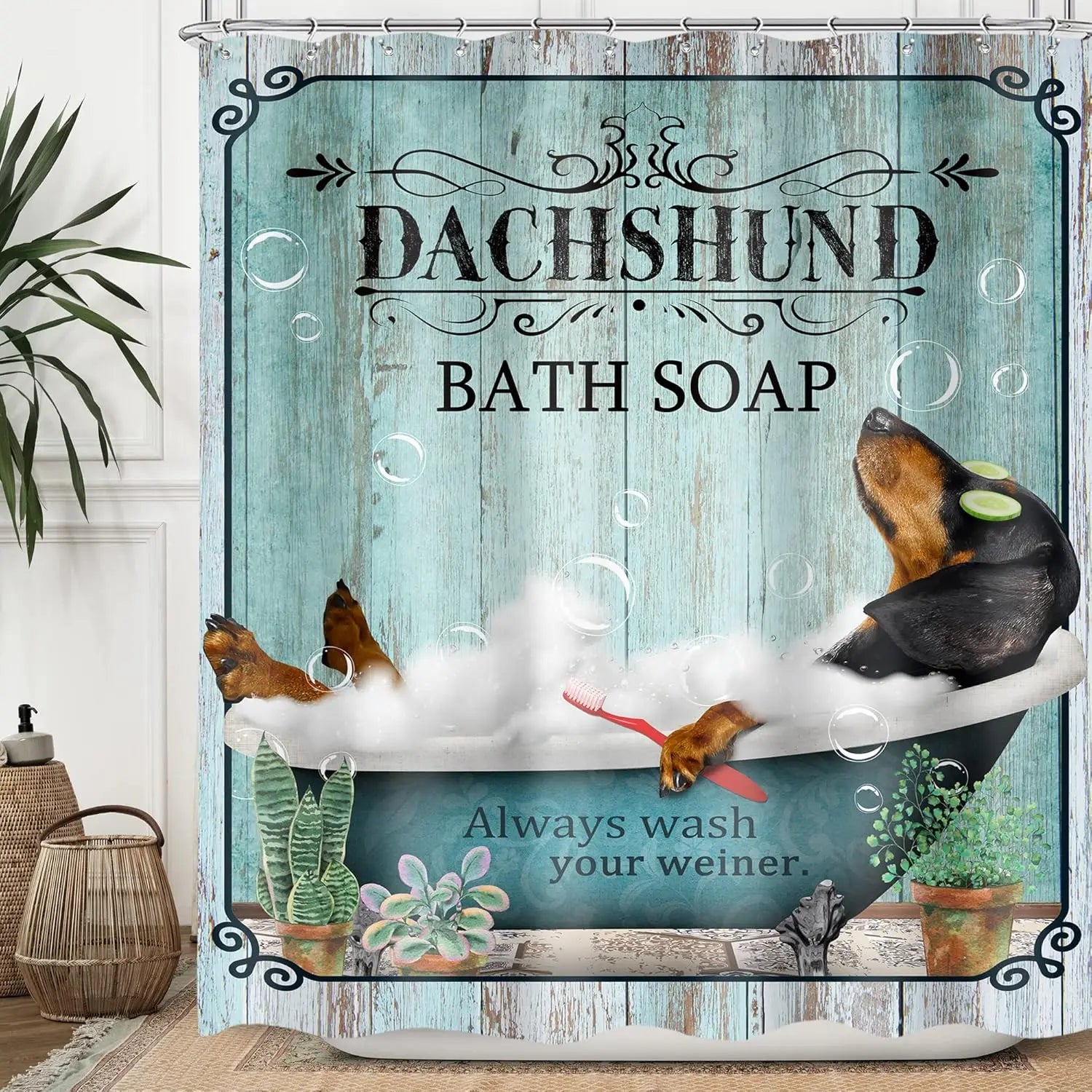 Funny Dog Shower Curtain Vintage Hilarious Dachshund Bath Soap Cute Animal Puppy Pets Bubbles Duck with Hooks Fabric Waterproof