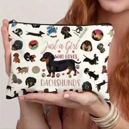 Women'S Cosmetic & Travel Organizer Bag - Cute Dachshund Dog Makeup Pouch with Zipper Closure, Beige Makeup Case