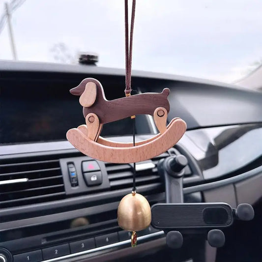 Wooden Sausage Dog Carousel Wind Chime Pendant with Bell 3D Dachshund Shape Wind Chime Cartoon Car Charm Ornament