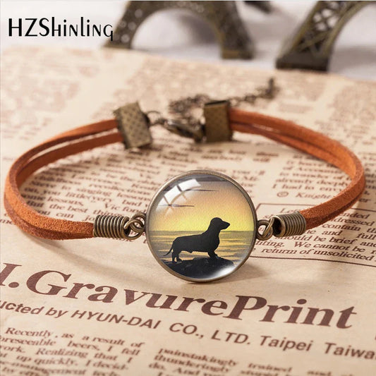Dachshund Dogs Animal Pet Pattern Leather Bracelets Art Accessories Glass Cabochon Fashion Jewelry Gift