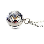 Men Fashion Wolf Necklace Wolf Head Glass Ball Pendant with Silver Color Chain Necklace Fantasy Jewelry